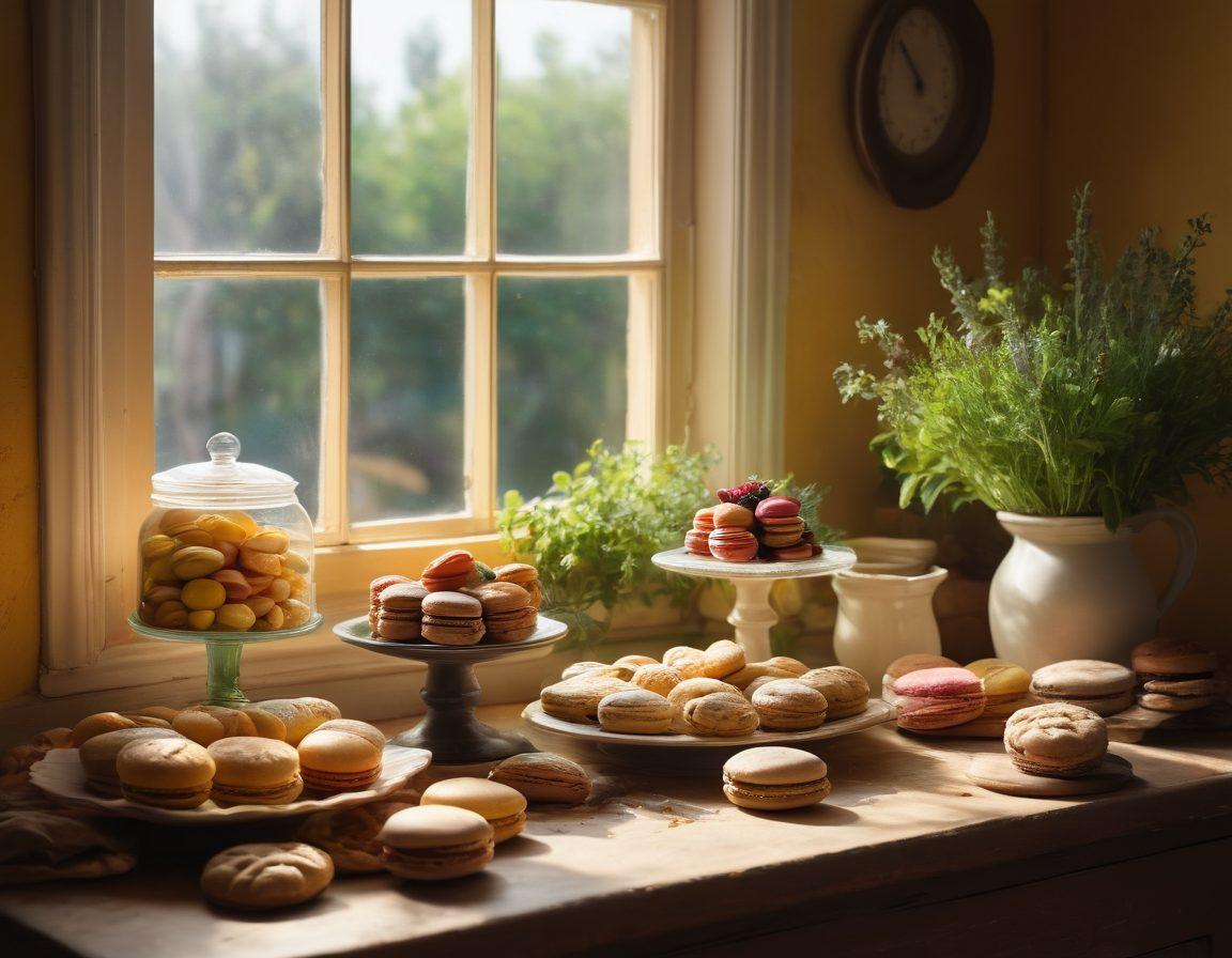 A whimsical kitchen scene featuring a warm, rustic table laden with freshly baked pastries and gourmet delicacies like artisan breads, colorful macarons, and decorative cakes. Add a backdrop of a sunlit window with herbs growing in pots and a chef joyfully kneading dough, showcasing flour dust in the air. The atmosphere exudes a sense of creativity and passion for baking. vibrant colors. super-realistic. warm lighting.