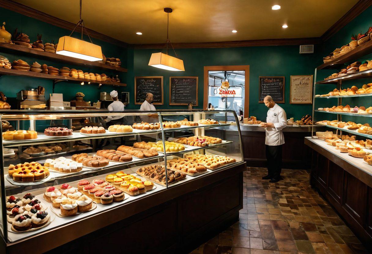A whimsical scene depicting the interior of Bacelo's Bakery, filled with an array of colorful pastries and cakes, a soft light illuminating the space. Include a chef creating a pastry masterpiece, surrounded by fruits and flour. The atmosphere should be warm and inviting, evoking a sense of joy and adventure in baking. The bakery's sign 'Sweet Symphony' prominently displayed in a charming font. vibrant colors. super-realistic.