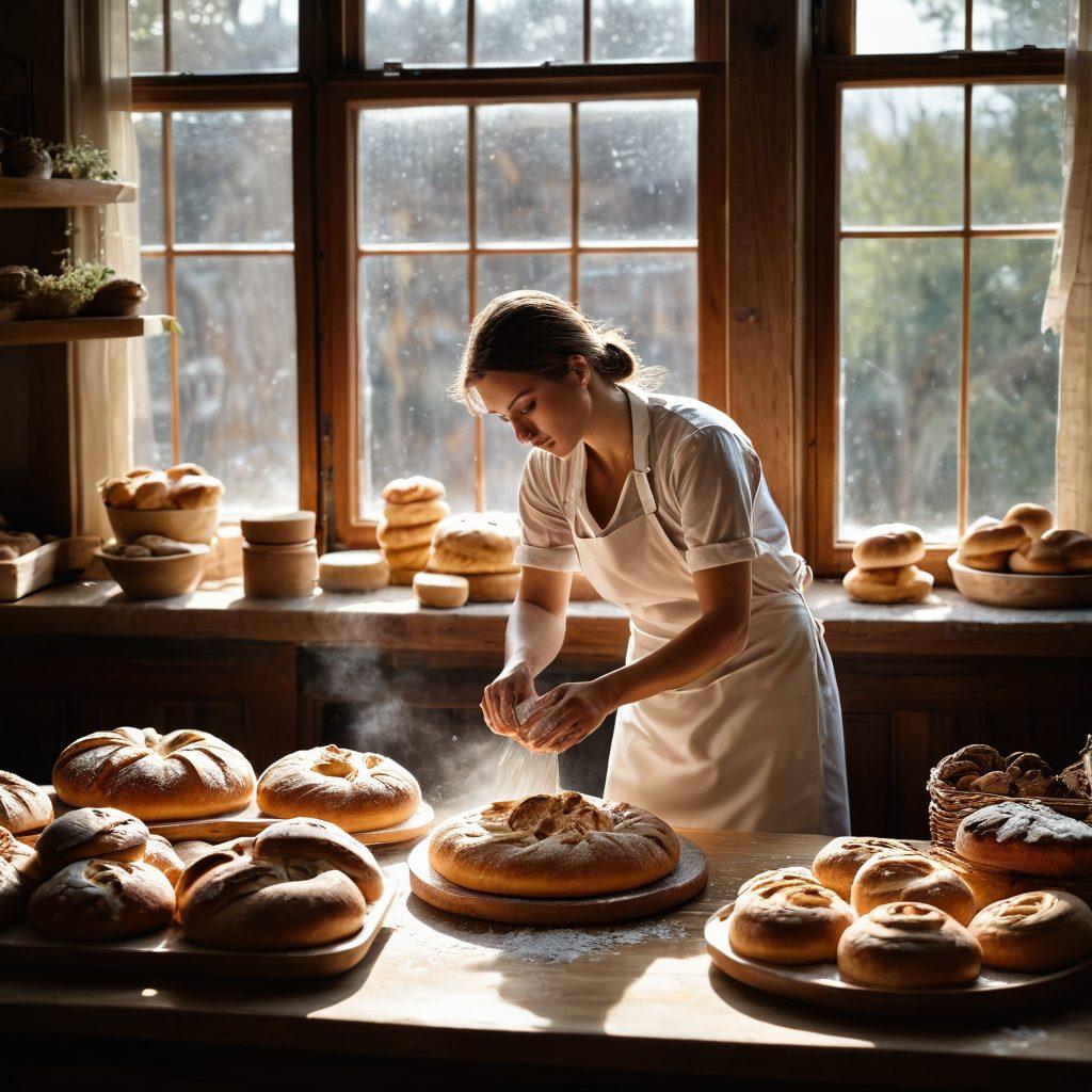 A rustic bakery scene featuring a skilled artisan baker shaping dough with flour dust swirling in the air, surrounded by beautifully crafted baked goods like sourdough breads, pastries, and artisan cakes. Sunlight streaming through the window illuminates warm wooden surfaces, evoking the inviting aroma of freshly baked treats. Include hints of herbs and spices on a nearby table to enhance the sensory experience. super-realistic. warm tones. cozy atmosphere.
